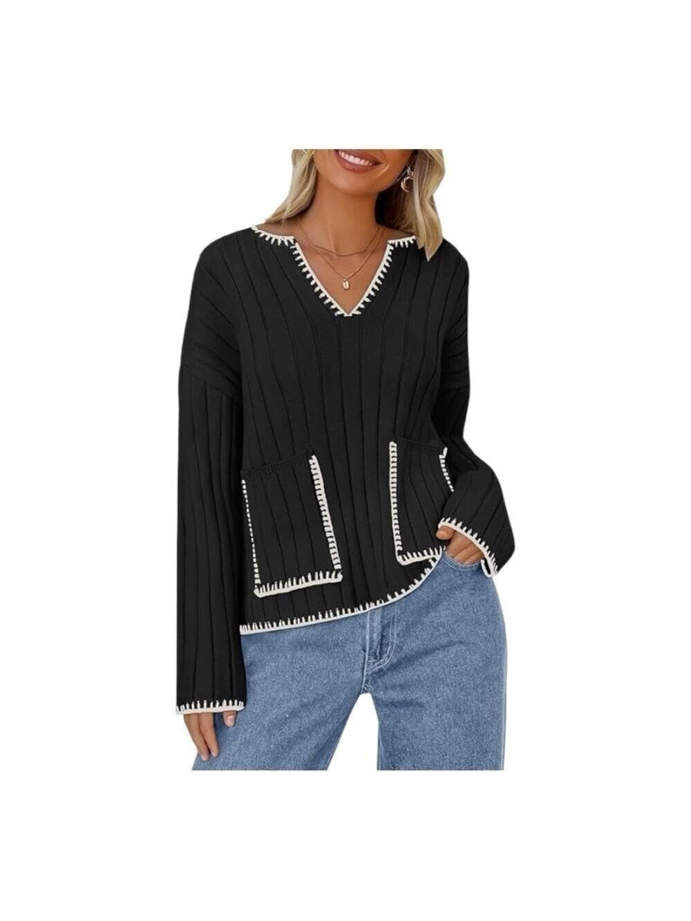 Black White Ribbed Bell Sleeve Sweater Top Small